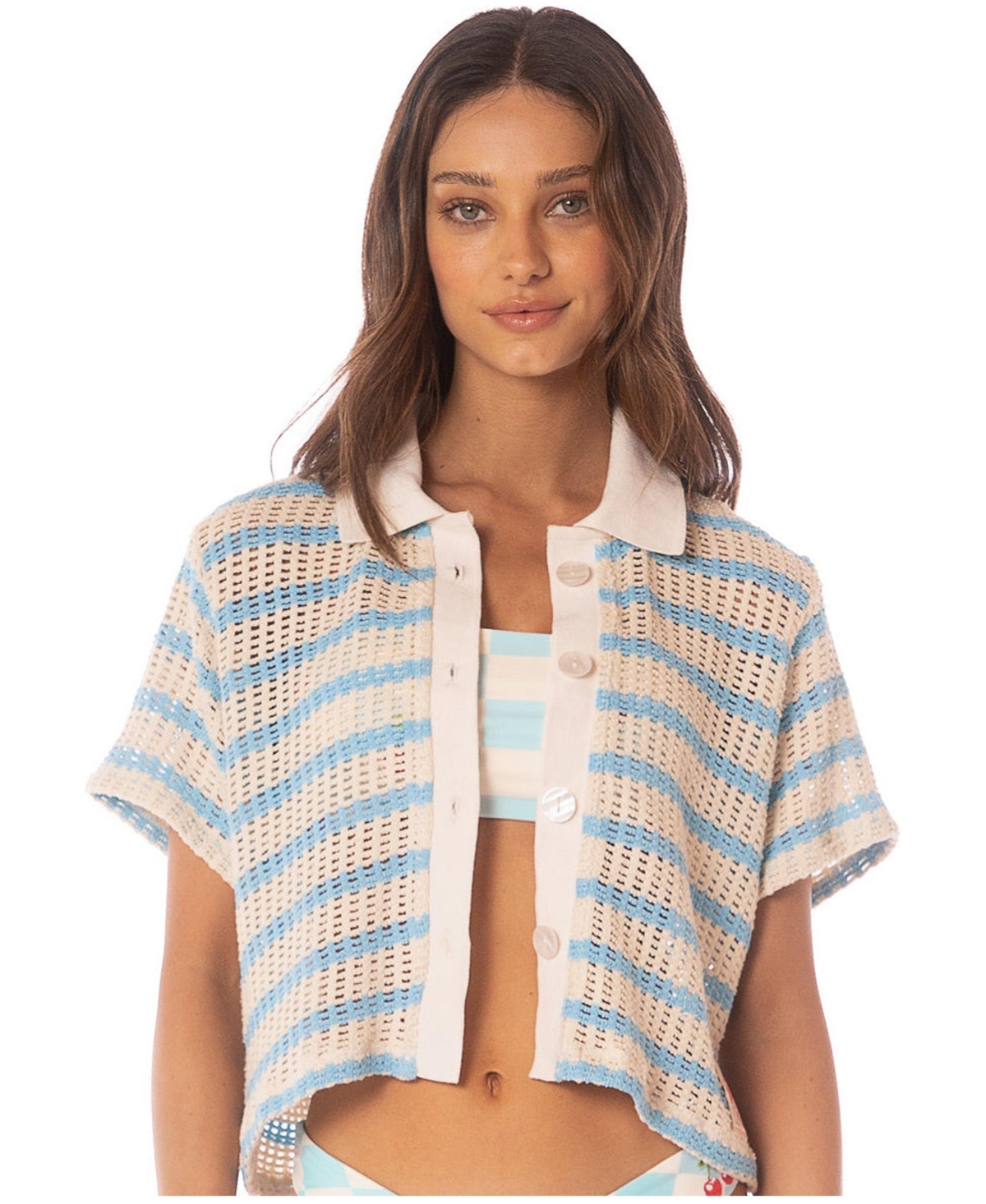 Maaji Women's Icy Stripes Wavy Collared Crop Shirt