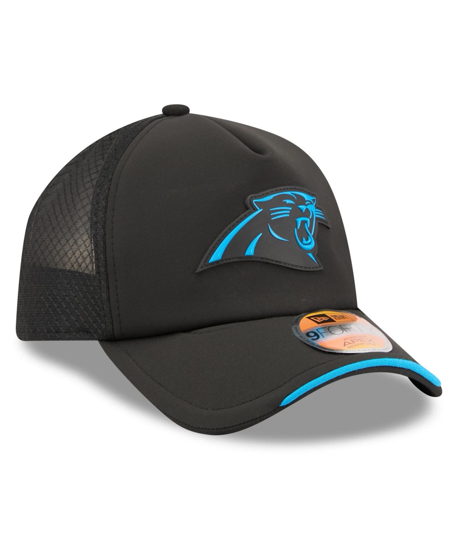 Men's Black Carolina Panthers 2026 Sideline Apex 9FORTY Adjustable Trucker Hat