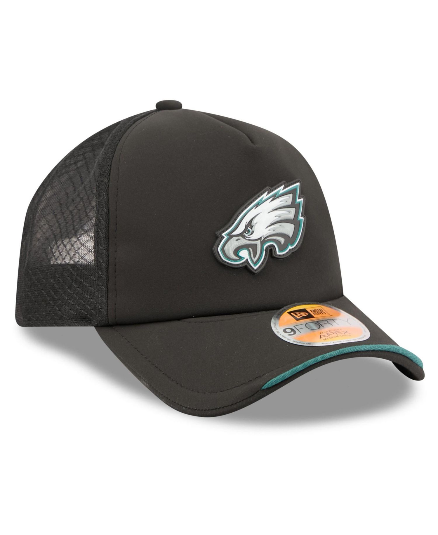 Men's Black Philadelphia Eagles 2026 Sideline Apex 9FORTY Adjustable Trucker Hat