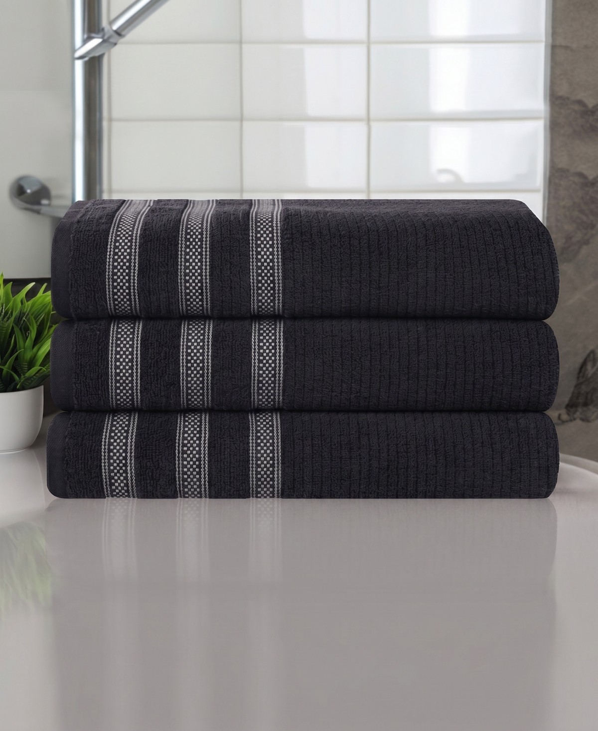 Superior Brea Zero Twist Cotton Ribbed Geometric Border Plush Soft Absorbent 3-Piece Bath Towel Set