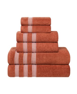 Brea Zero Twist Cotton Ribbed Geometric Border Plush Soft Absorbent 6-Piece Towel Set