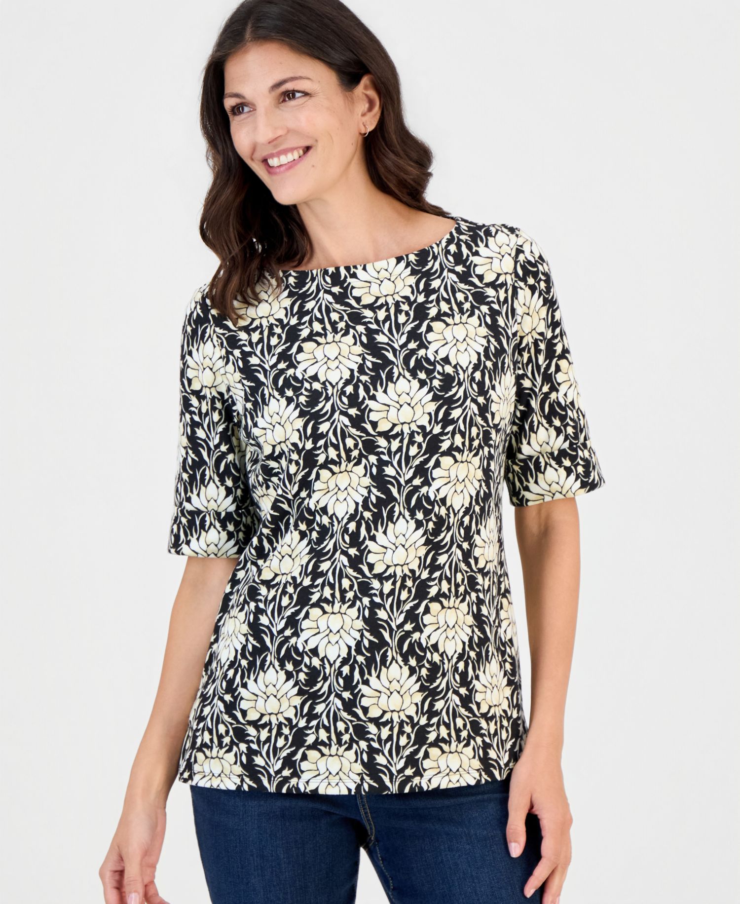 Printed Women's Boat-Neck Elbow-Sleeve Top