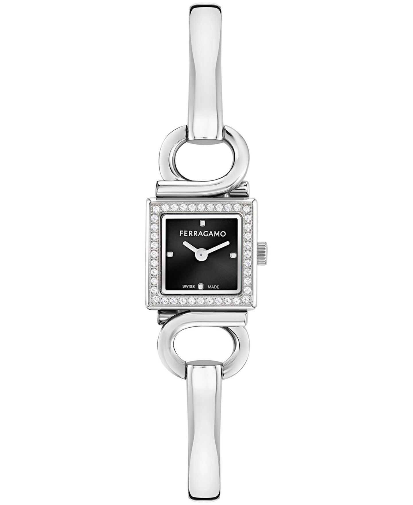 Женские часы Ferragamo Gancio Evo Bangle Watch 18X18MM Stainless Steel Case Black Enamel Dial Stainless Steel Bracelet — фото 1