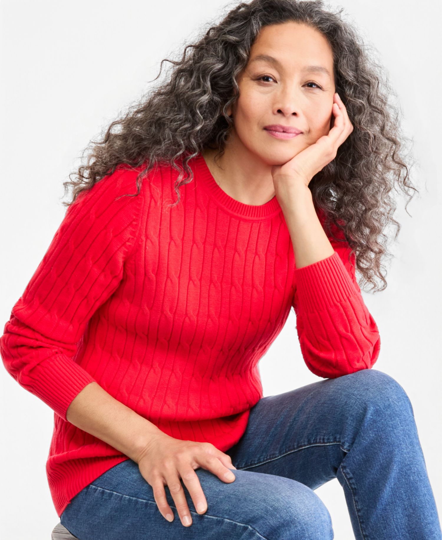 Petite Cotton Cable-Knit Crewneck Sweater