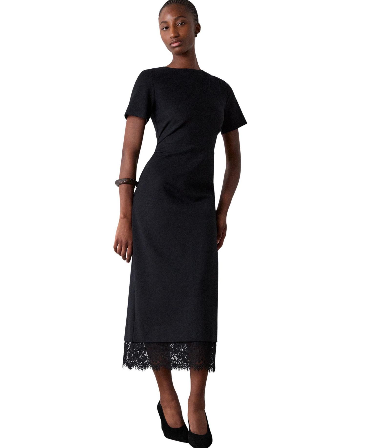 Women's Detachable Lace Hem Short-Sleeve Midi Lace Dress
