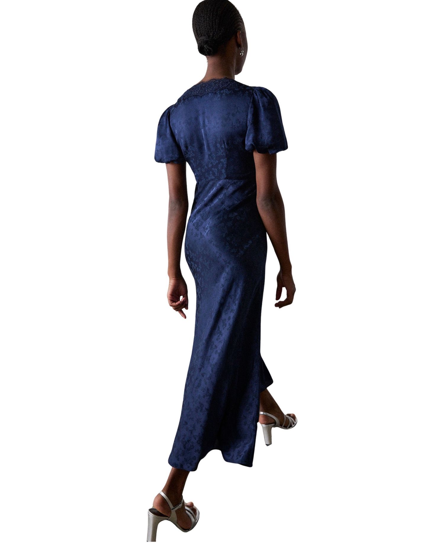 Women's Floral-Print Jacquard V-Neck Puff-Sleeve Midi Dress