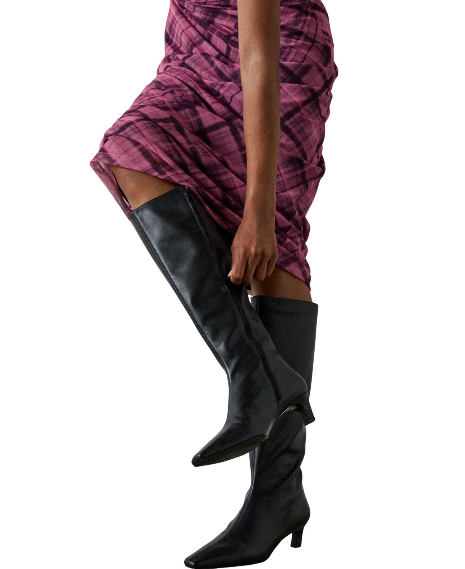 Women's Twist Check Mesh Ruched Midi Dress