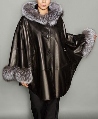 The Fur Vault Plus Size Fox-Fur-Trim Leather Cape - The ... (400 x 489 Pixel)