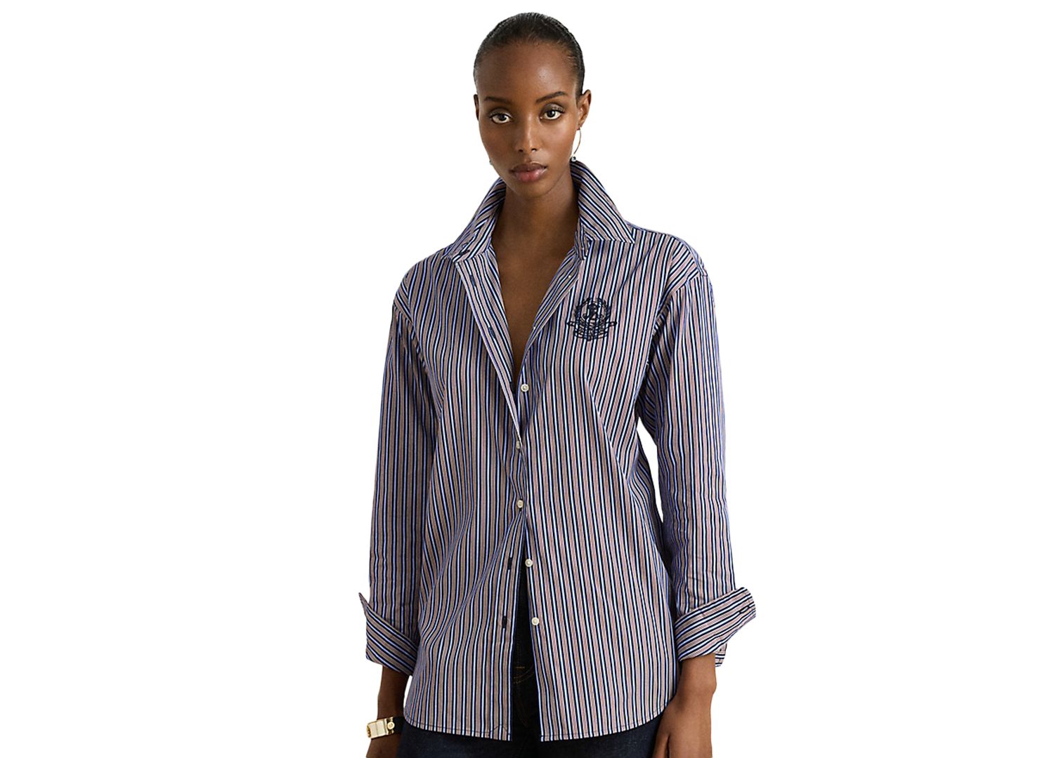 Petite Striped Point-Collar Relaxed-Fit Button-Down Shirt