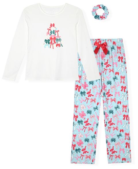 Max & Olivia Girls' 5-16 Floral Print Pajama and Matching Scrunchie, 3-Piece Set, цвет: Синий / Белый