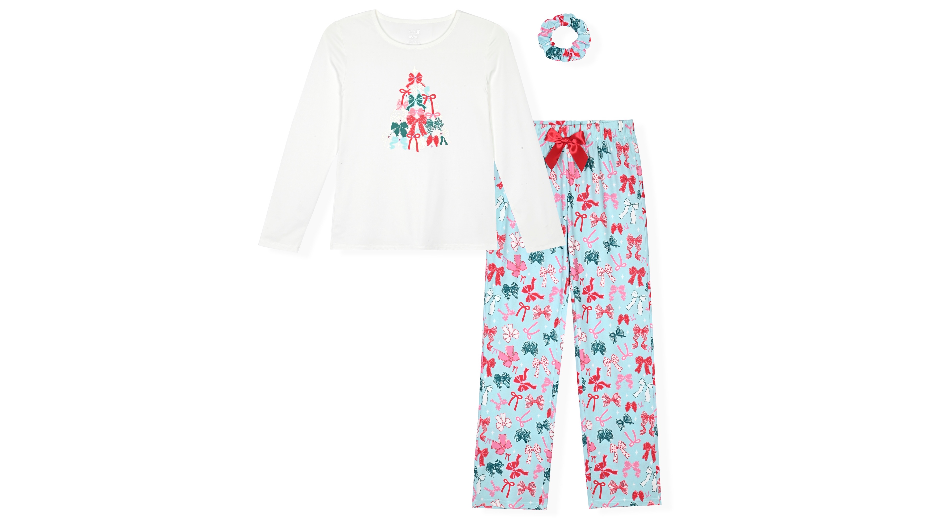 Max & Olivia Girls' 5-16 Rib Top, Milky Print Pants and Matching Scrunchie, 3-Piece Pajama Set