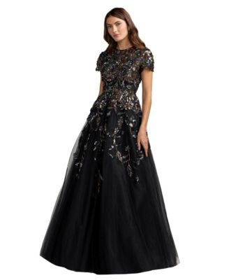 Women's Floral-Embellished Sequin Tulle Short-Sleeve Ball Gown