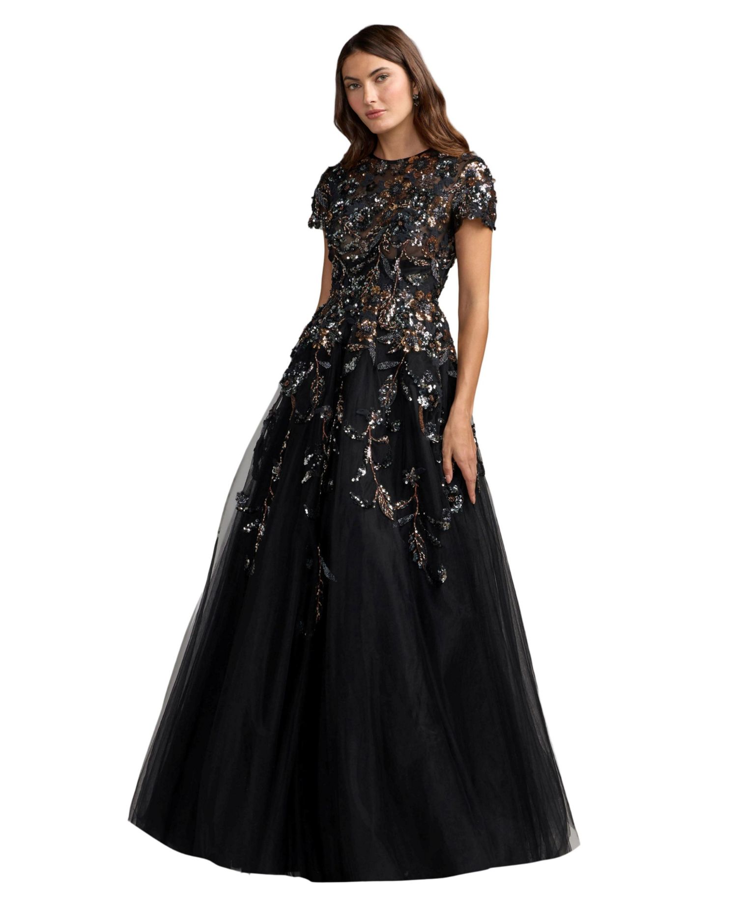 Women's Floral-Embellished Sequin Short-Sleeve Ball Gown