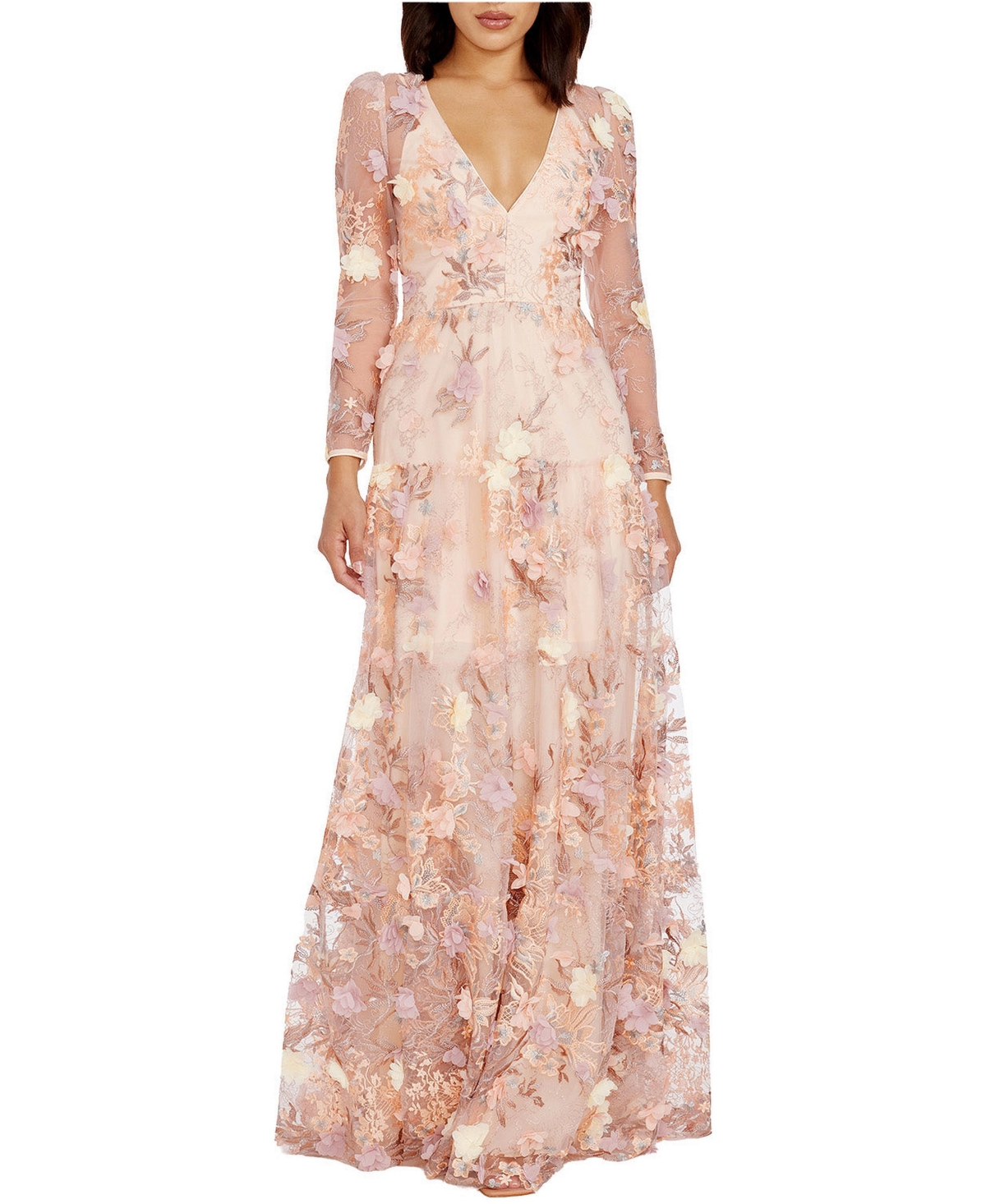 Dress The Population Women's Angelina Long Sleeve V-Neck Floral Fit and Flare Dress