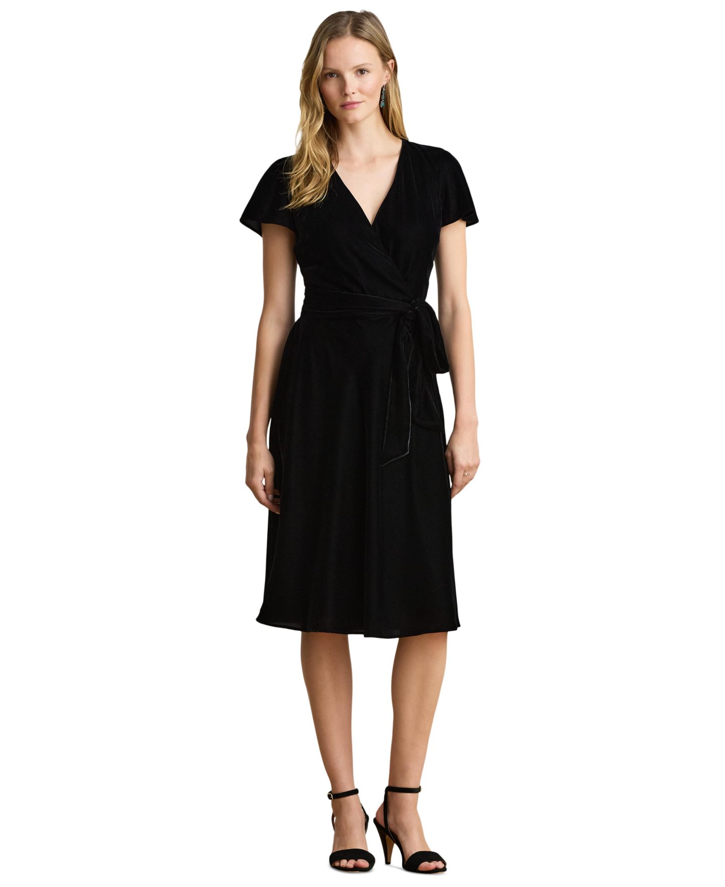 Женское платье Lauren Ralph Lauren Velvet Surplice Midi, цвет: Чёрный бархатный — фото 1