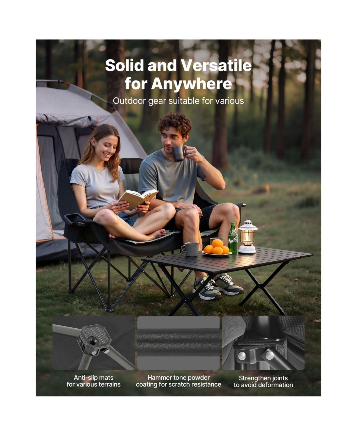 Sugift Oversized 2-Person Double Camping Chair 660 Lbs Capacity with Dual Cup and Wine Glass Holders