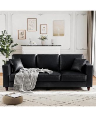 Faux Leather Couch with 2 Throw Pillows, Sofa Couches for Living Room, 3 Seater Sofa with Wide Armrests, Wood Legs, Deep Seats, Back Cushion
