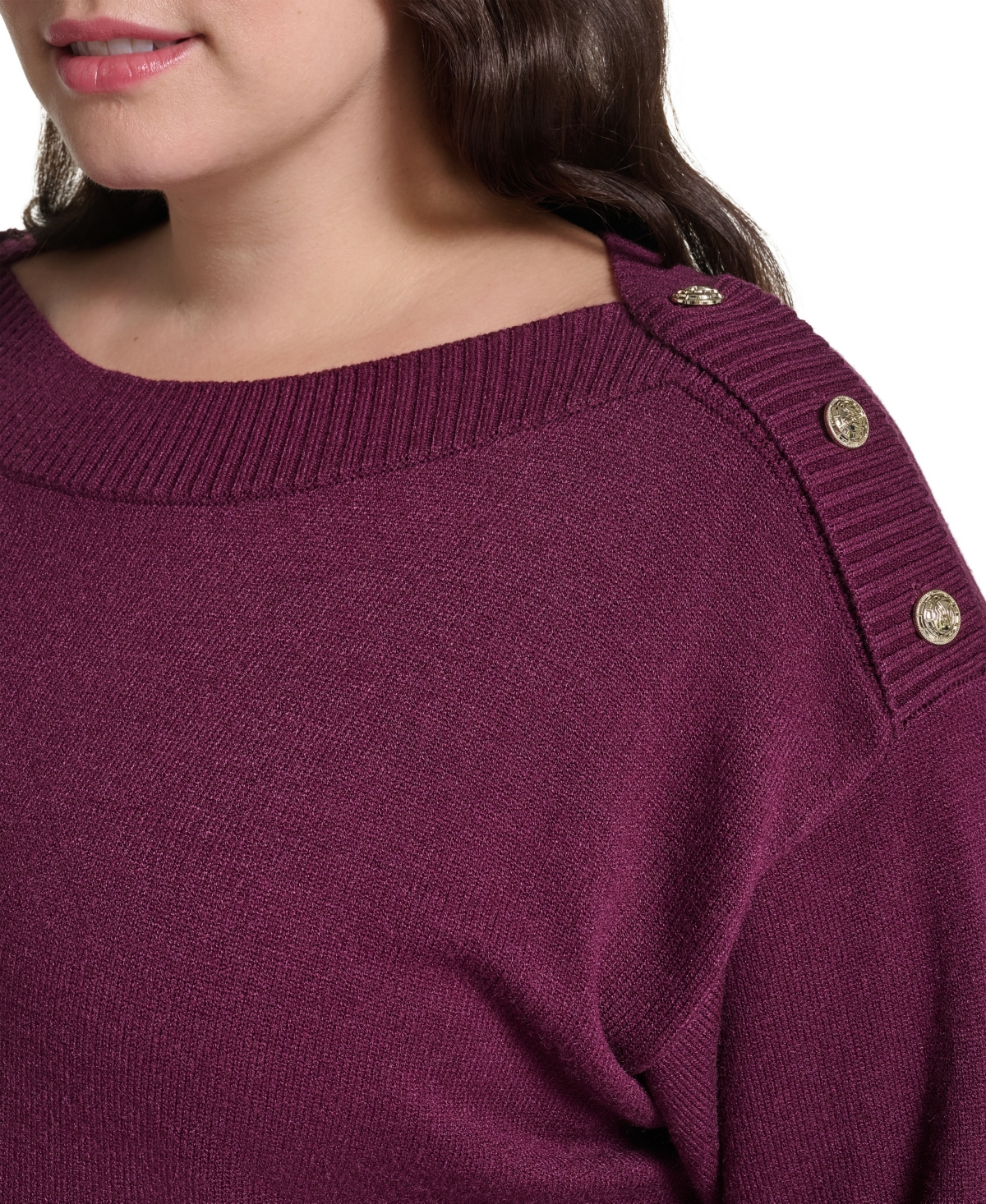Karl Lagerfeld Paris Plus Boatneck Button Shoulder Overlay Sweater