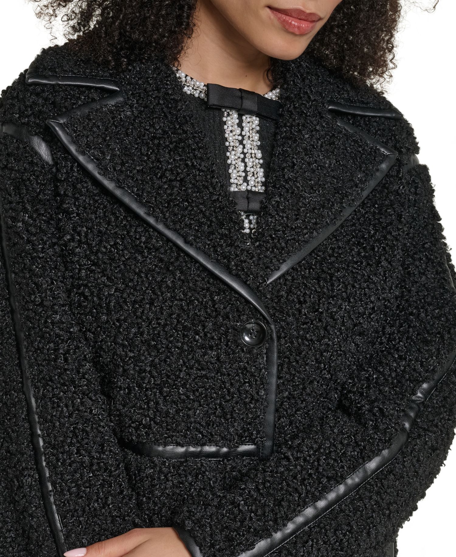 Women's Faux-Leather-Trim Teddy Coat