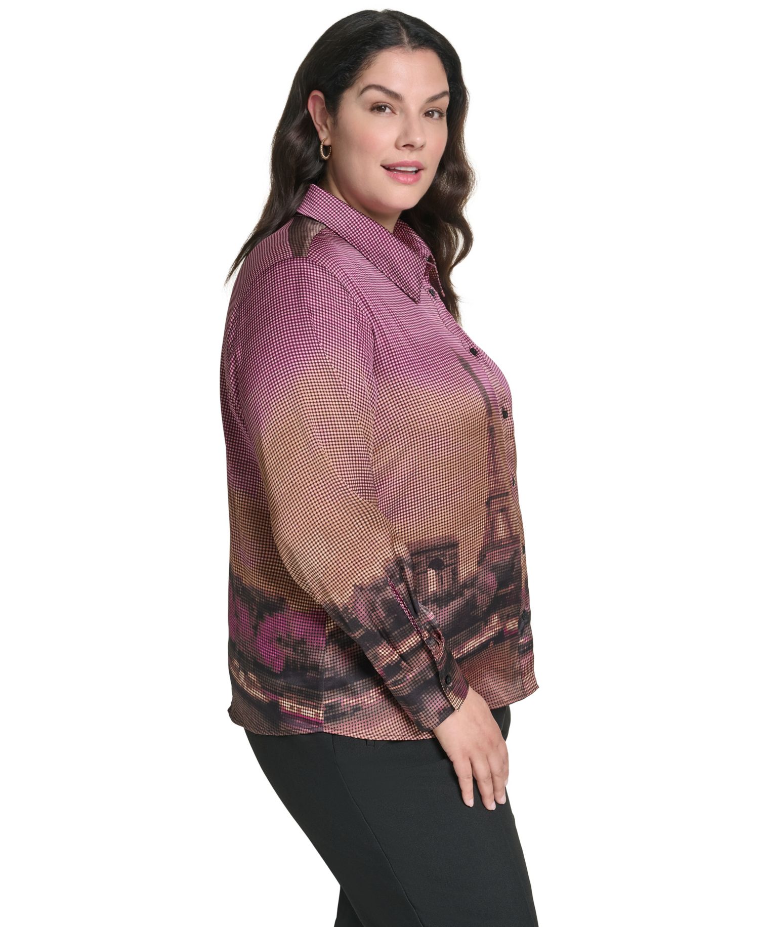 Plus Size Button-Down Collared Long-Sleeve Blouse