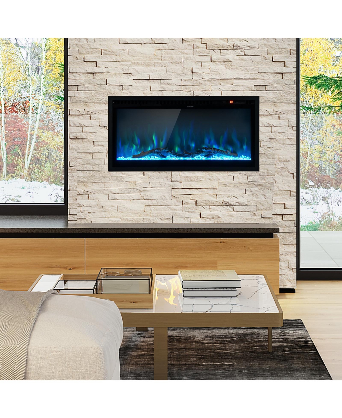 Ecooso Electric Fireplace in-Wall Recessed with Remote Control and Adjustable Color and Brightness
