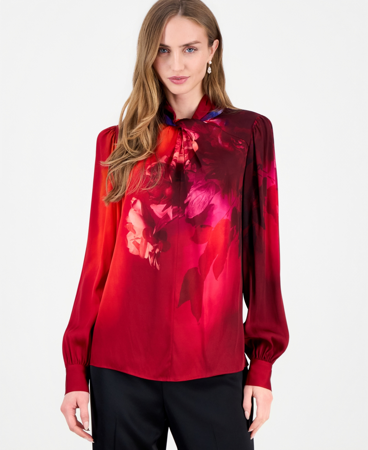 Elie Tahari Women's Lola Floral Long-Sleeve Cowl Neck Blouse