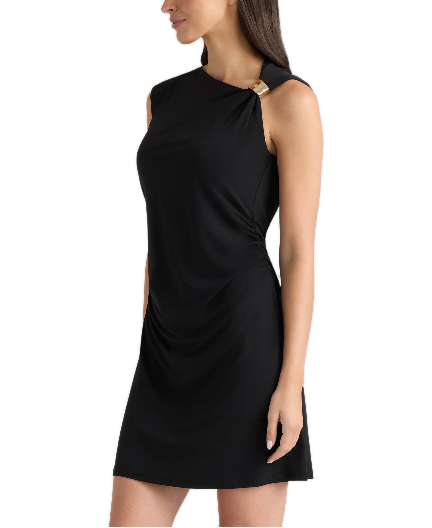 Women's Asymmetrical Neckline with Metallic Trim Sleeveless Mini Dress