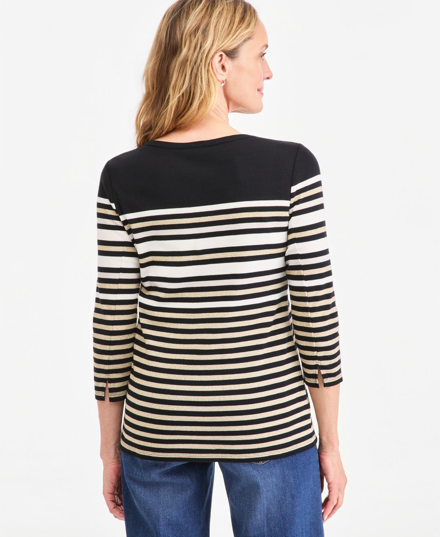 Женский топ Style & Co Petite Printed Pima Cotton 3/4-Sleeve Boat-Neck, цвет: Глубокий чёрный — фото 3