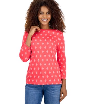 Women's Printed Pima Cotton 3/4 Sleeve Boat-Neck Top
