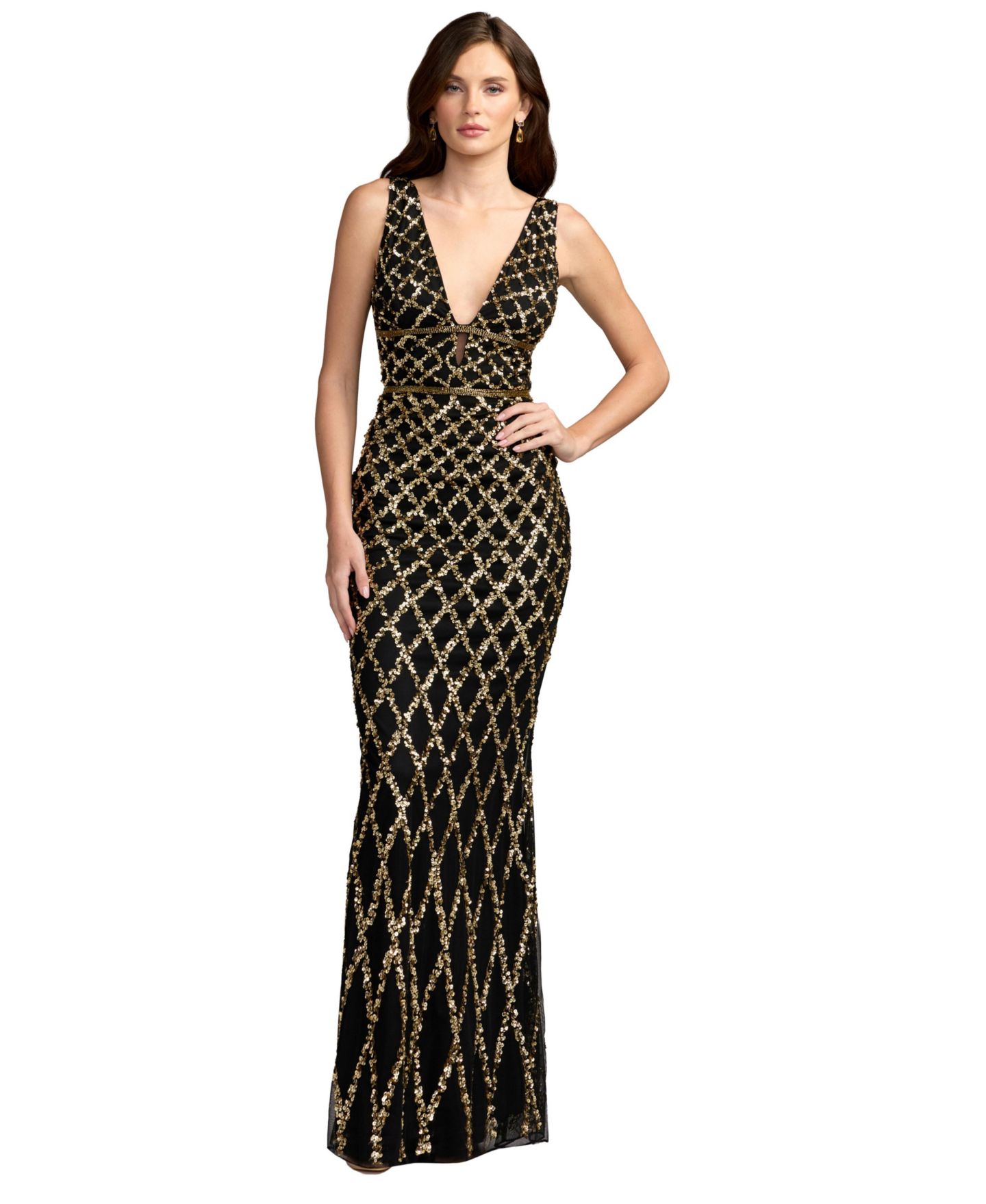 Женские платья Mac Duggal Sequined Plunge Neck Sleeveless Column Gown, цвет: Чёрный — фото 1