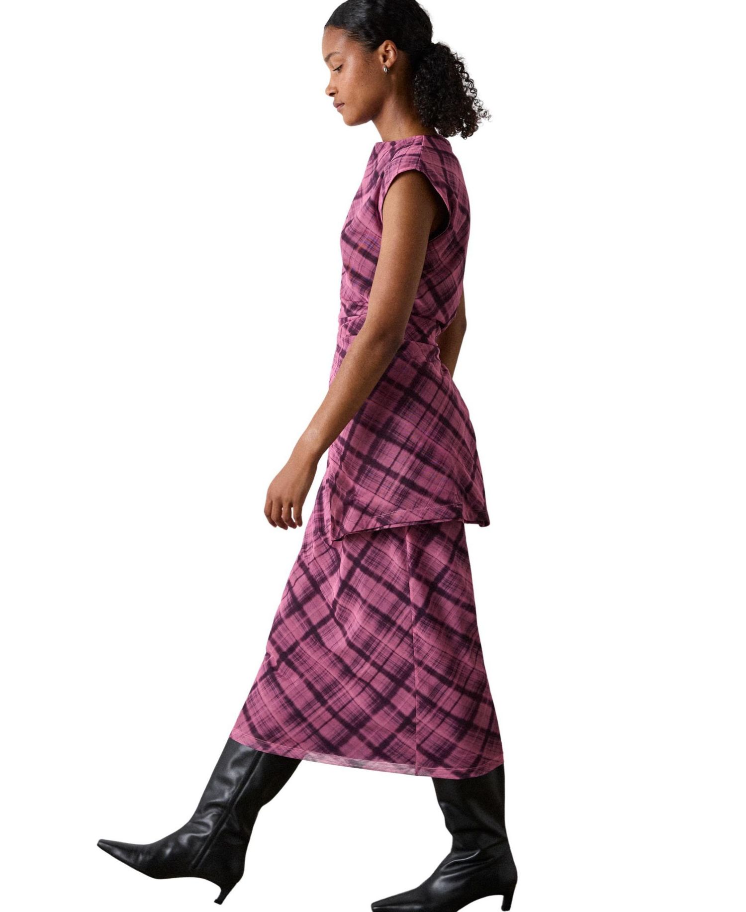 Women's Twist Check Mesh Ruched-Waist Midi Dress