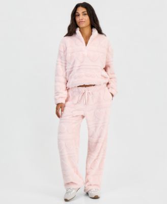 Juniors' Heart-Embossed Sherpa Quarter-Zip Sweater & Wide-Leg Pants 
