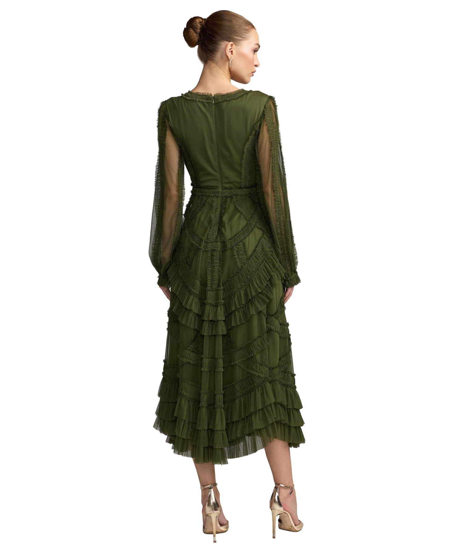 Women's V-Neck Mesh Micro Ruffle Midi Dress