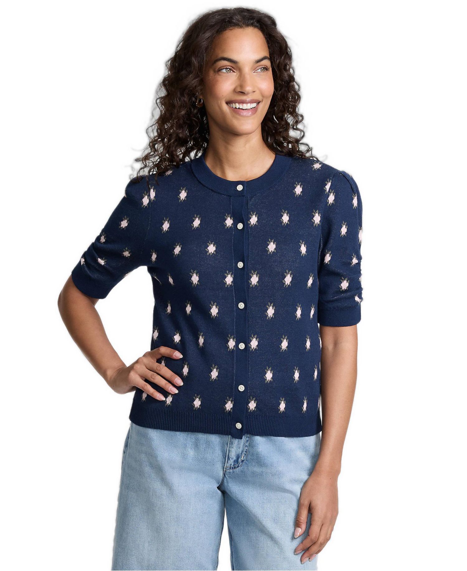 Women's Fitted Ruched Puff-Sleeve Cardigan