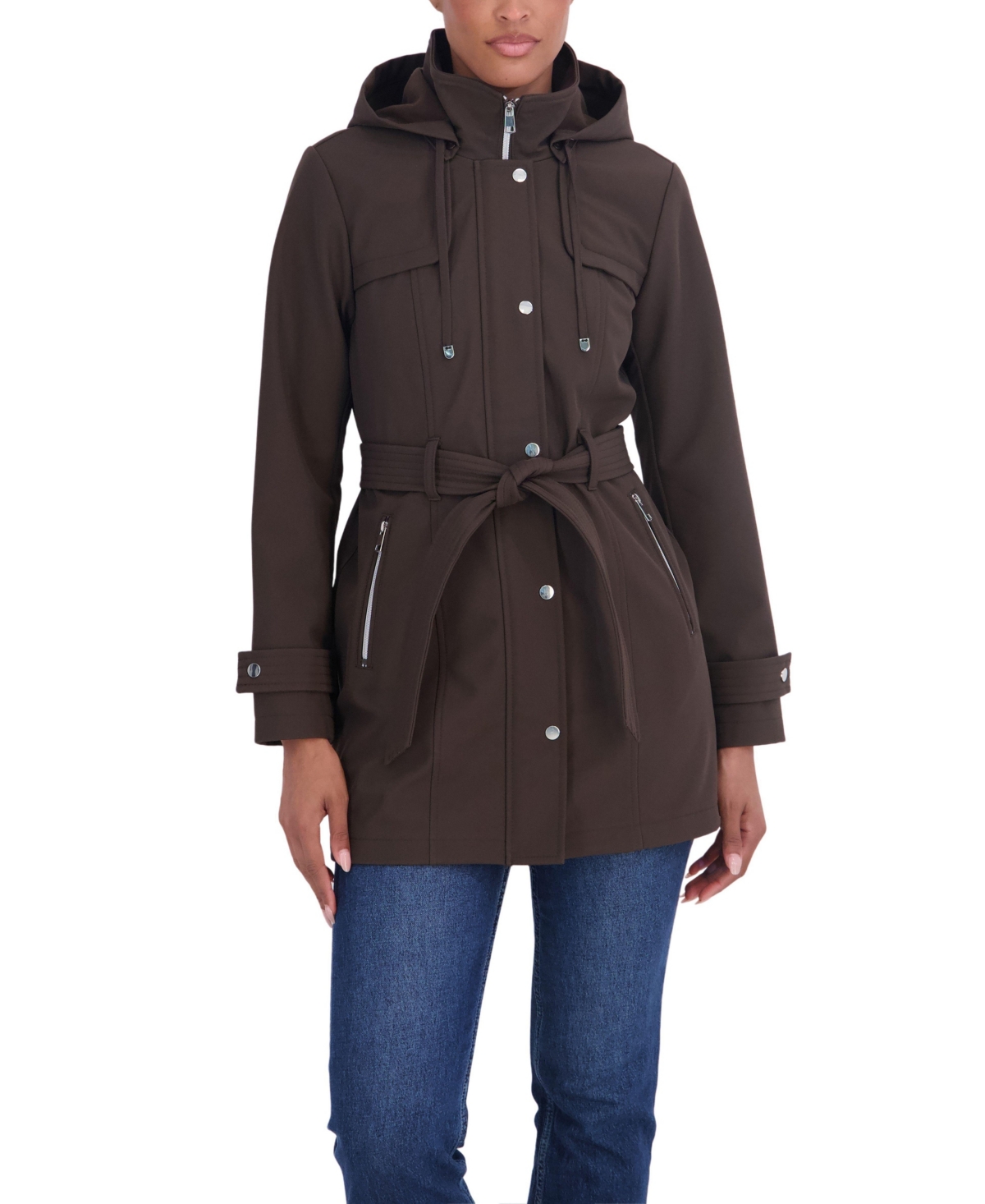 Sebby Collection Women's Belted Zip Front Soft Shell Trench Coat With Detachable Hood - Brown