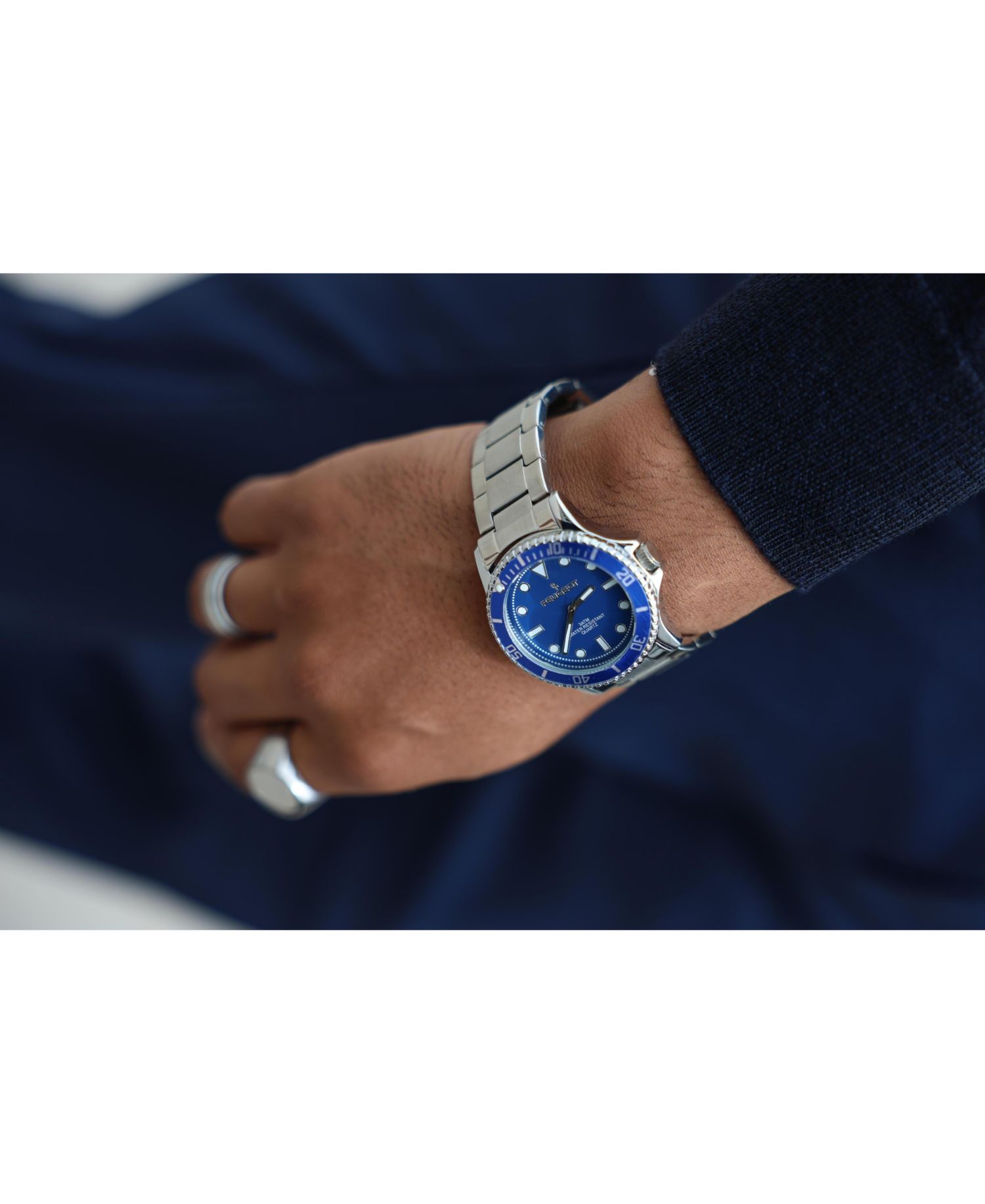 Men's 40mm Blue Dial Sport Bezel Stainless Steel Bracelet Watch