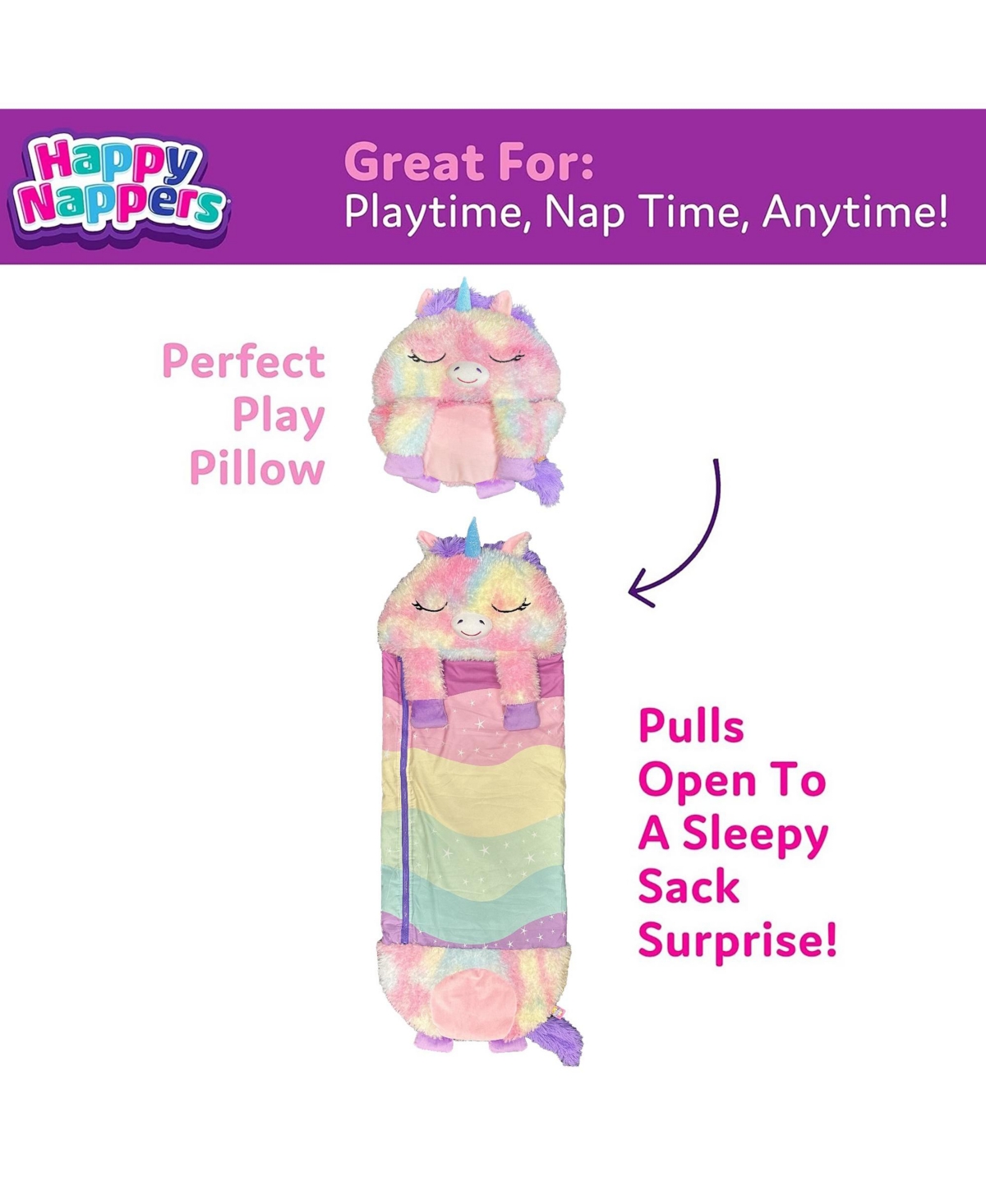 Happy Nappers Rainbow Unicorn Large 2-In-1 Pillow and Sleepy Sack