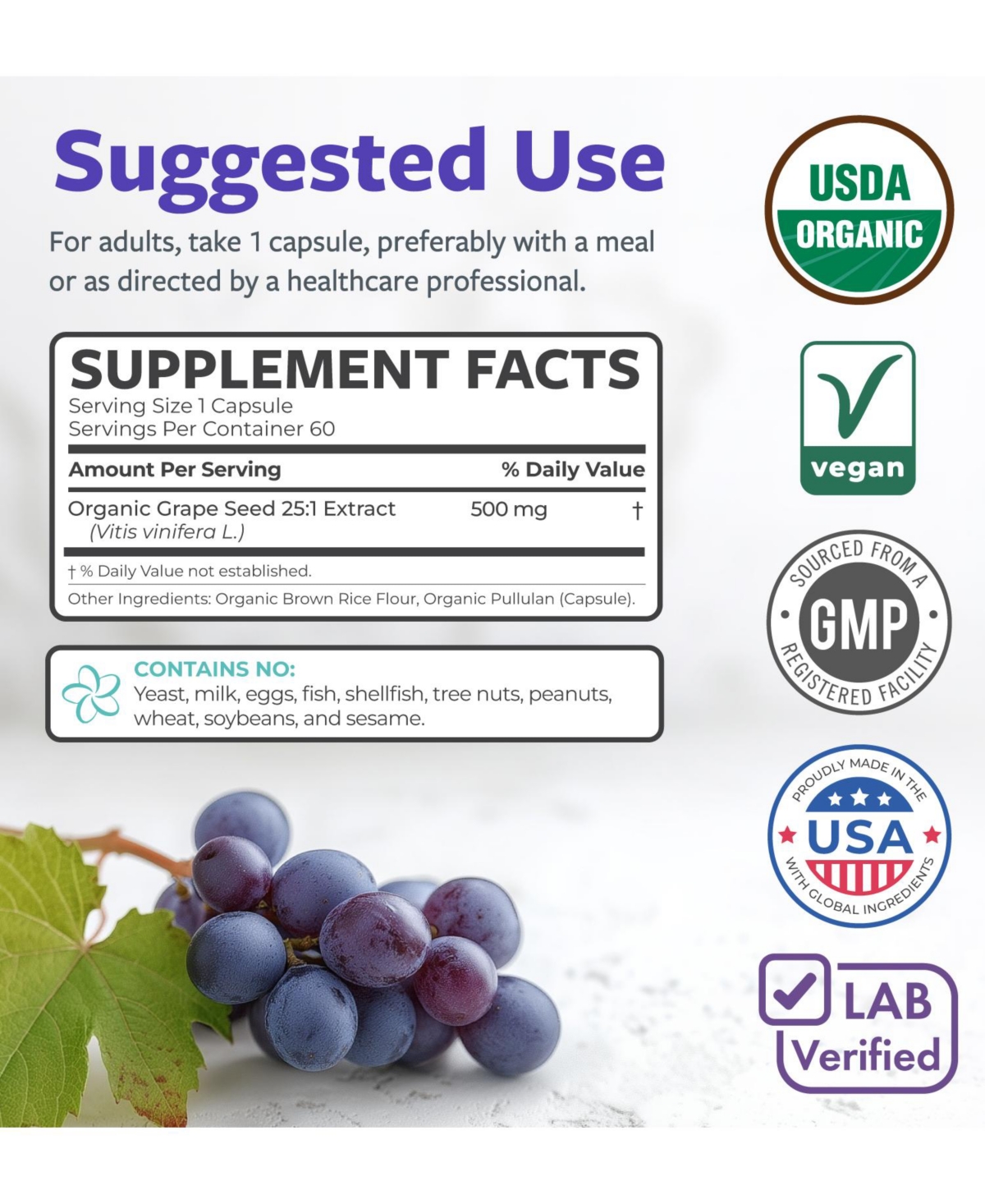 Pure Co Grape Seed Extract Capsules, 25:1 Grape Seed Extract, 12,500 Milligram Herbal Equivalent, 60 Capsules