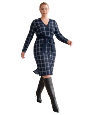 Plus Size Button-Front Long-Sleeve V-Neck Cardigan Sweater Dress