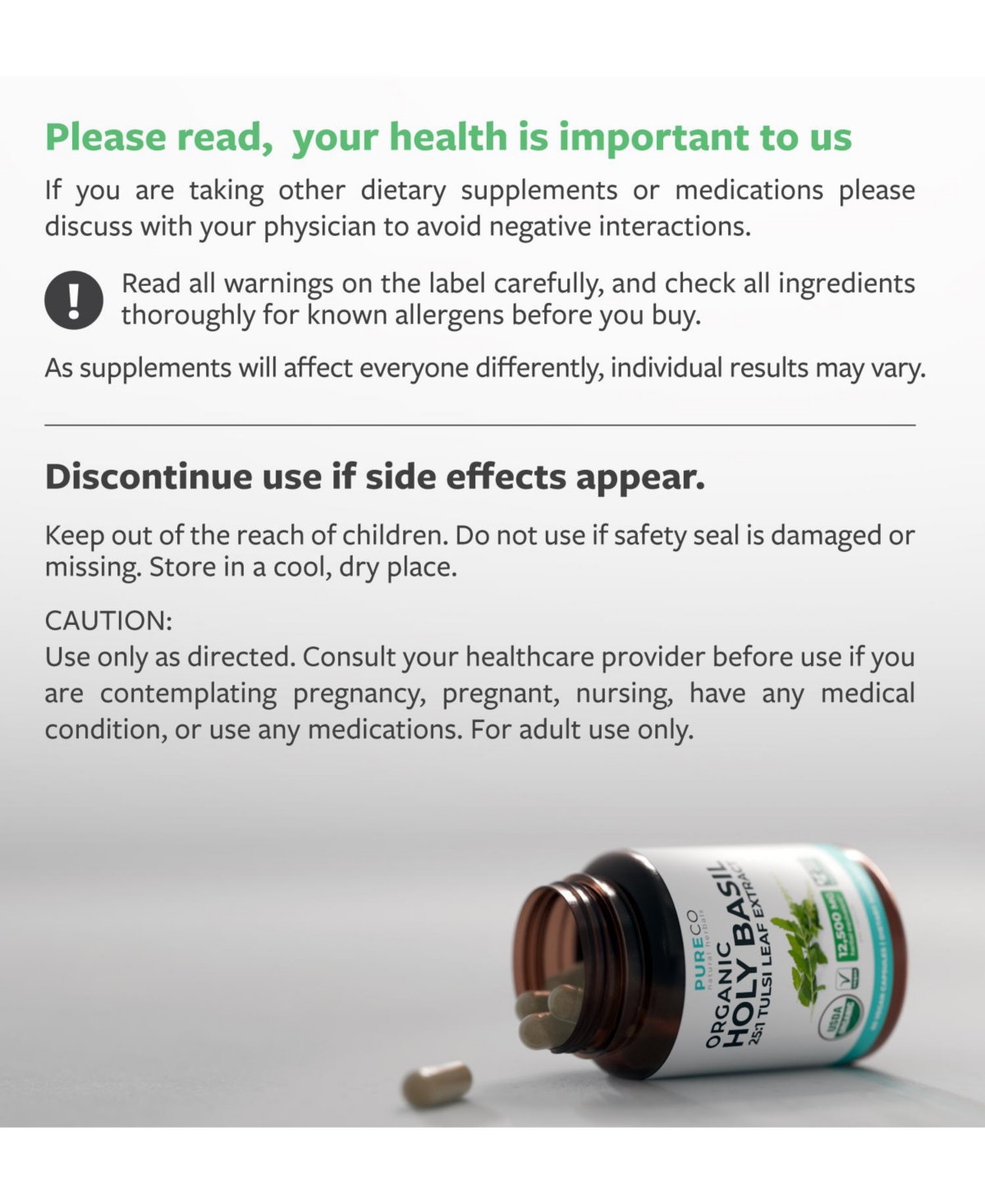 Pure Co Holy Basil Extract Capsules, 25:1 Holy Basil Tulsi Extract, 500 Milligram, 60 Capsules