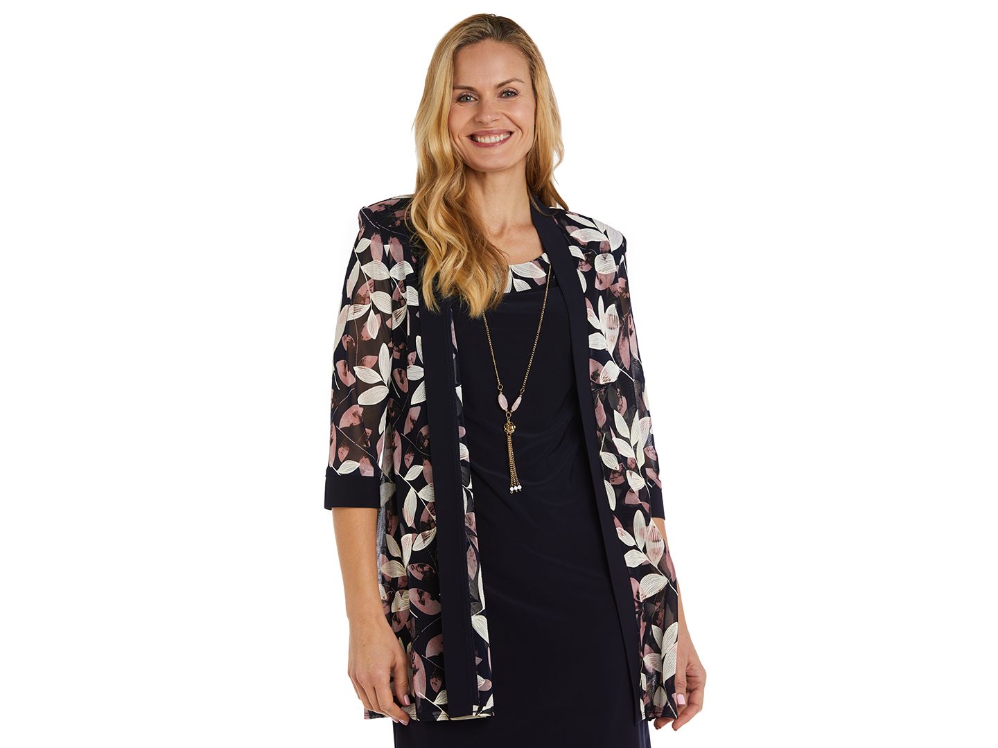 Женские комплекты R & M Richards Printed 3/4-Sleeve Dress and Jacket, 2-Piece Set, цвет: Тёмно-синий / Пудровый — фото 3