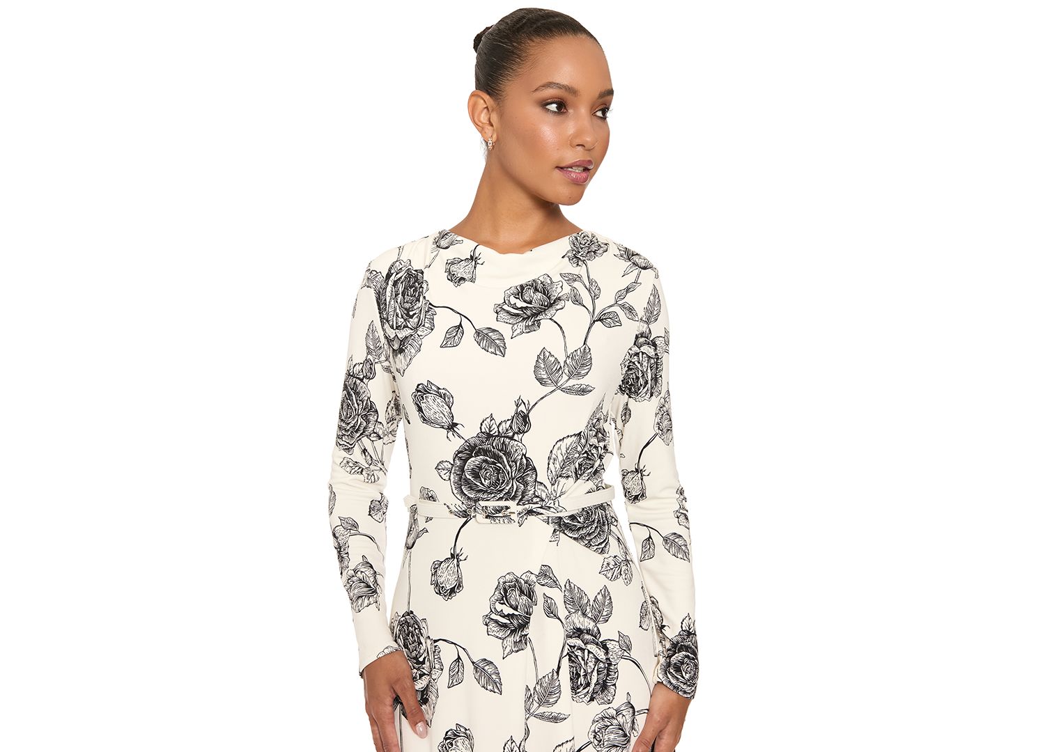 Women's Floral-Print Long-Sleeve Cowl Neck Midi Dress