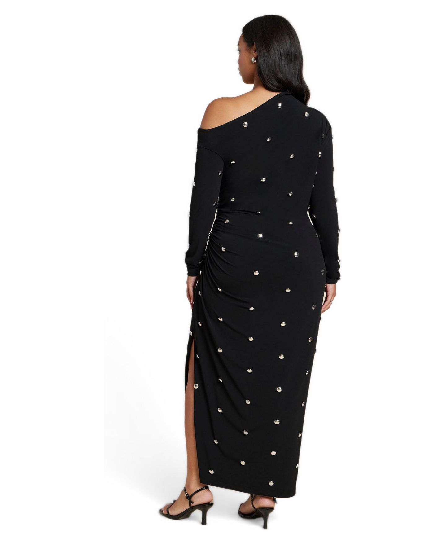 Женское платье ELOQUII Plus Size Draped Hardware One-Shoulder Long-Sleeve Maxi, цвет: Чёрный оникс — фото 2