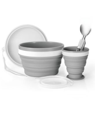 Collapsible Silicone Cup Bowl Set Portable Camping Mess Kit With Stainless Steel Spork Lid For Hiking Travel