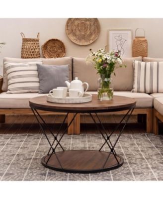 31.5" Solid Wood Round Coffee Table with Lower Shelf,2-Tier