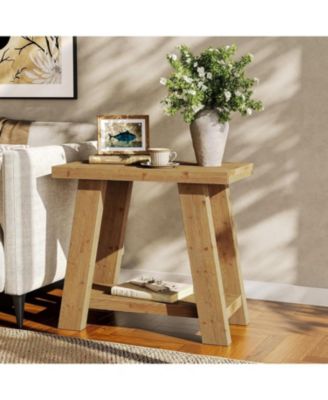 Solid Wood End Table with 2-Tier Storage Shelf, Side Table
