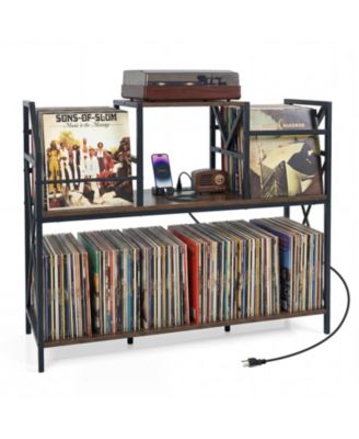 Record Player Stand with Power Outlets Turntable Stand with Vinyl Storage Dividers