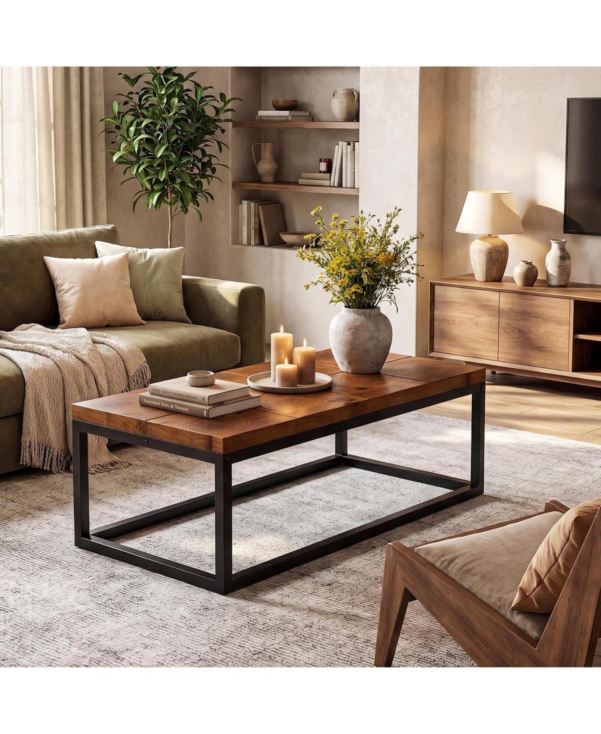 Tribesigns 47'' Coffee Table with Metal Frame, Rectangle Solid Wood