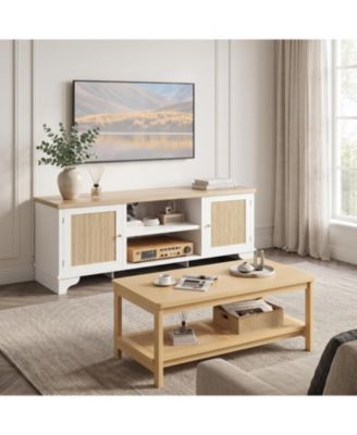 Living Room Table Set of 2, 62" Rattan TV Stand Fits 65" TV and 2-Tier Coffee Table