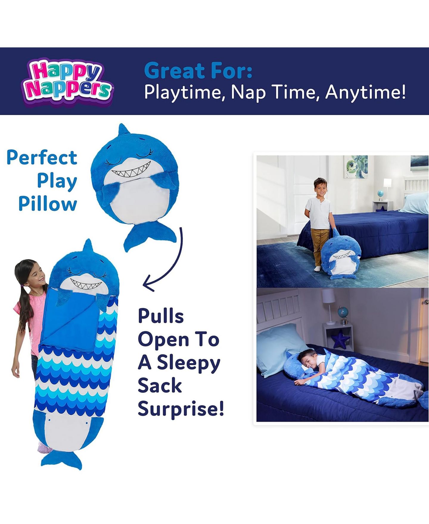 Детские мягкие игрушки Happy Nappers Shark Medium Pillow and Sleepy Sack, цвет: Open Miscellaneous — фото 4